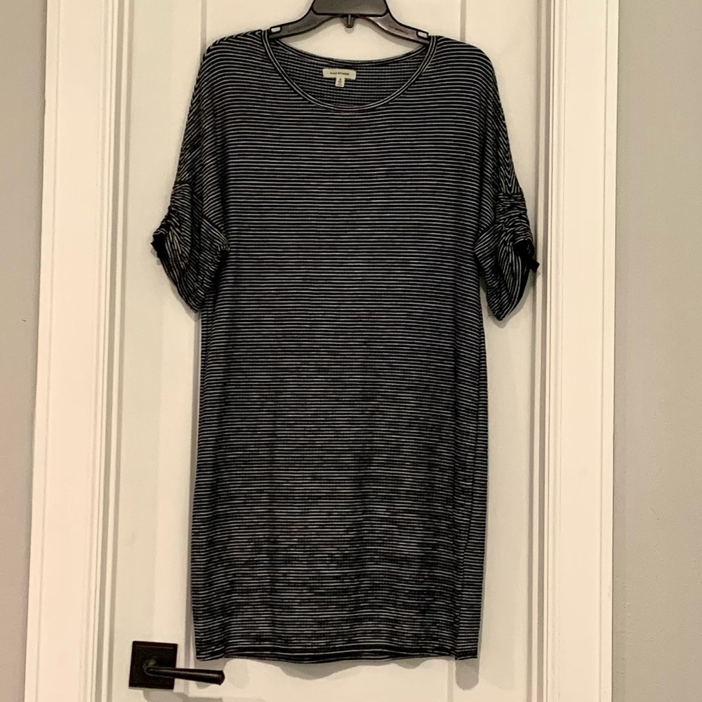 Max Studio Rib Knit Ruched Sleeve Sweater Dress - Black & White stripe - Small